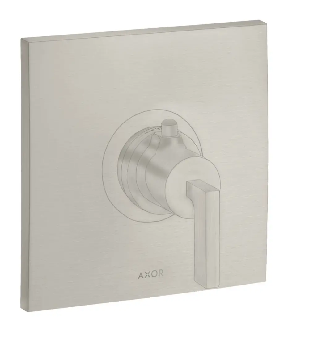 Edelstahl-Wandverkleidung mit zentralem Hebelgriff und runder Drehmechanik. Das Design vermittelt eine moderne Ästhetik. Hersteller: AXOR.